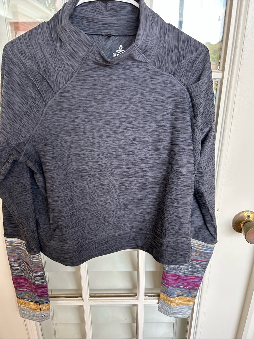 Prana Women's Heather Gray Crewneck with Multicolor Stripe Cuffs